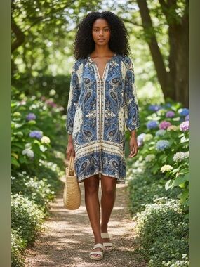 LOFT Blue and Cream Paisley V-Neck Tunic